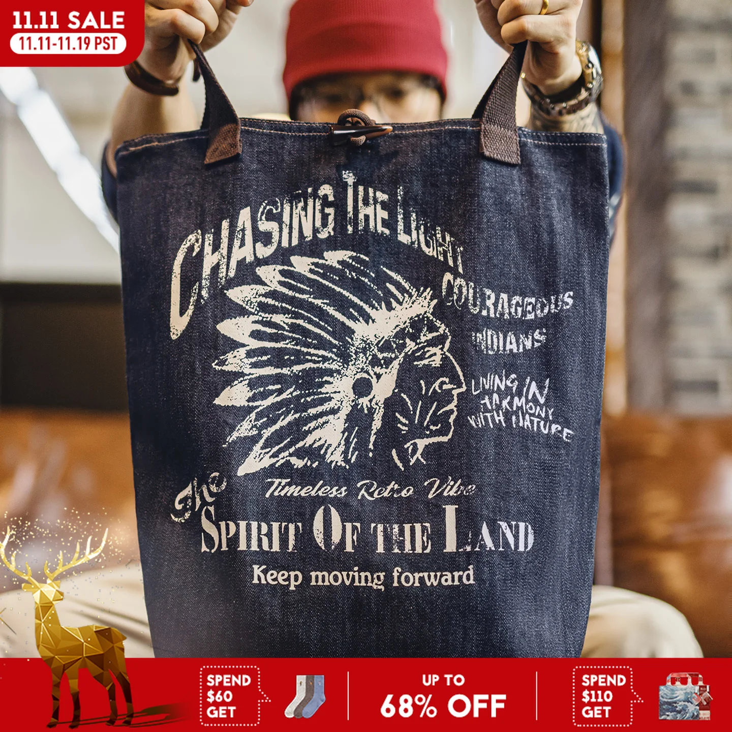 Maden Vintage denim draagtas met Indiaas patroon Grote capaciteit enkele schoudertassen Commuter handtas voor mannen en vrouwen