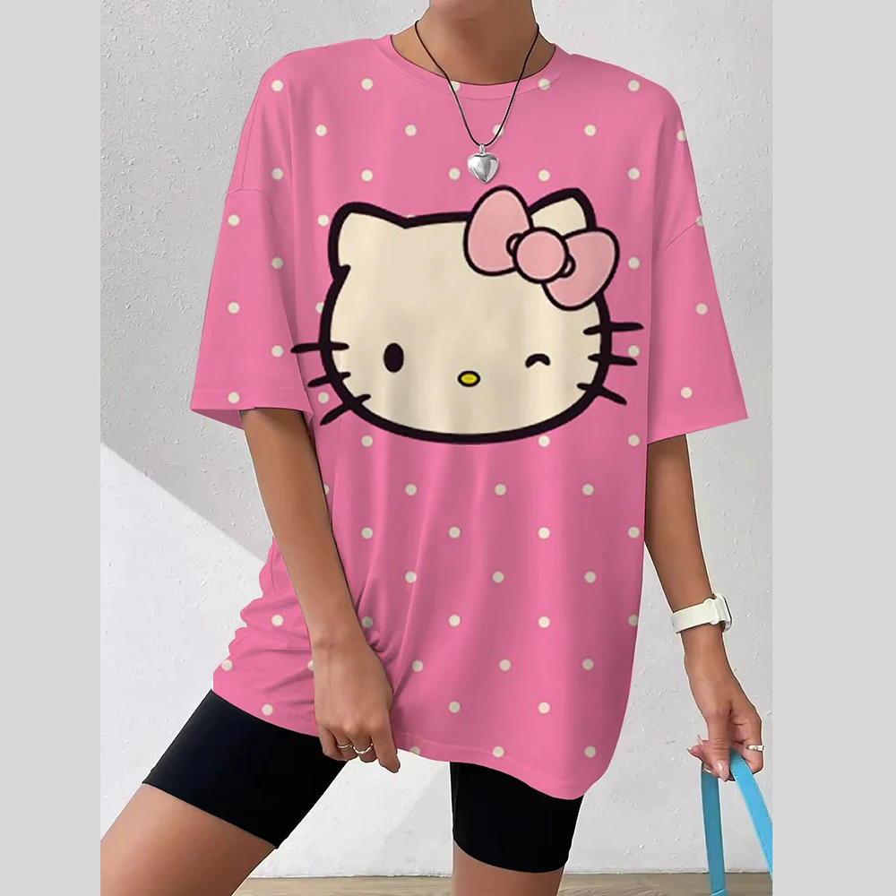 T-shirt da donna Moda Hello Kitty Modello Stampa Top Manica corta T-shirt da donna Estate Casual O-Collo T-shirt Abbigliamento femminile