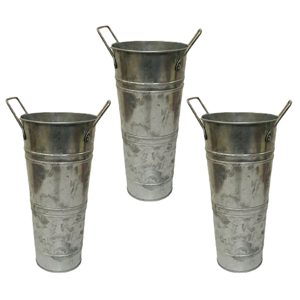 

3 Pcs Retro Distressed Barrel Vase with Handles Household Plant Pot Decorative Floral Art Metal Succulents Flower Iron Bucket