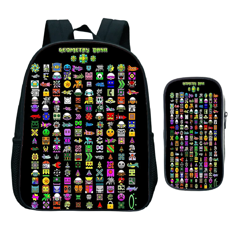 Angry Geometry Dash Backpack Pen Bag 2pcs Set Boys Girls Kindergarten Bag Funny Cartoon Pattern Softback Schoolbag Kids Backpack