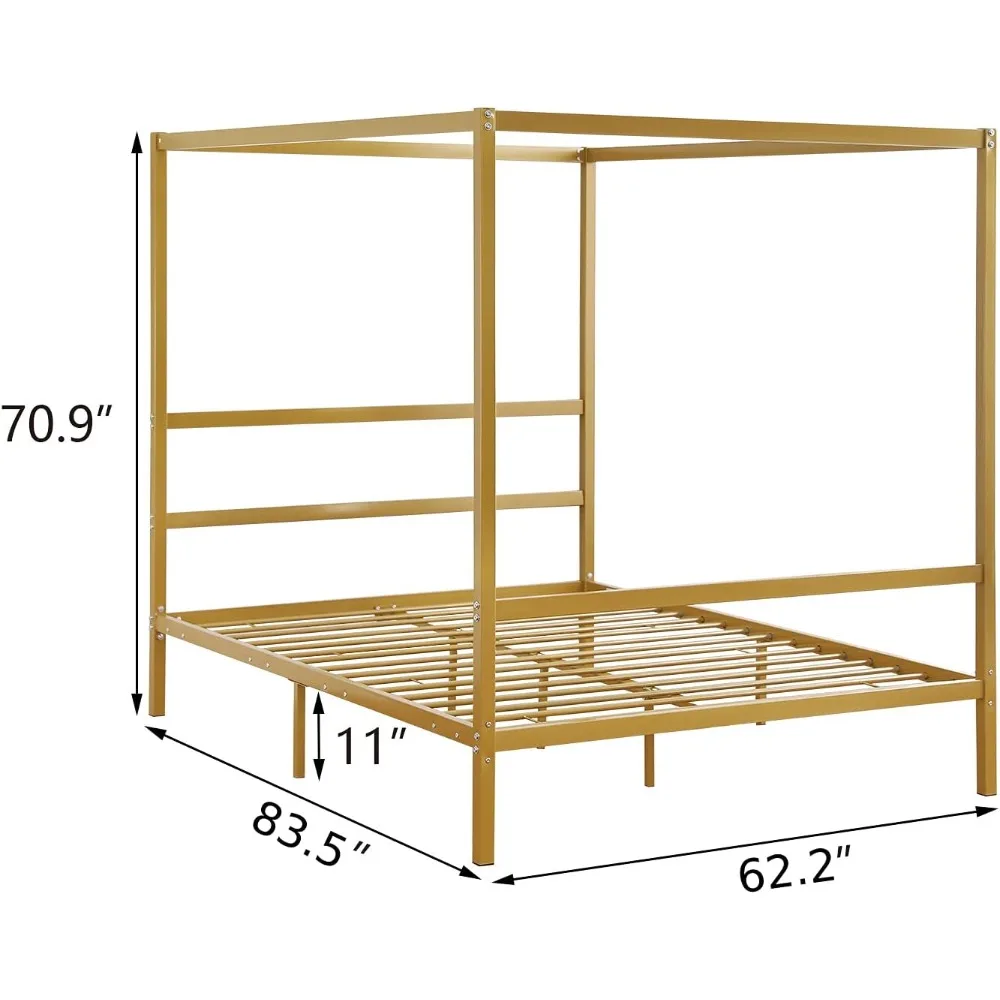 Gold Canopy Bed Frame Queen Size Metal 4 Poster Bed,10 inches Canopy Platform Bed,No Box Spring Needed