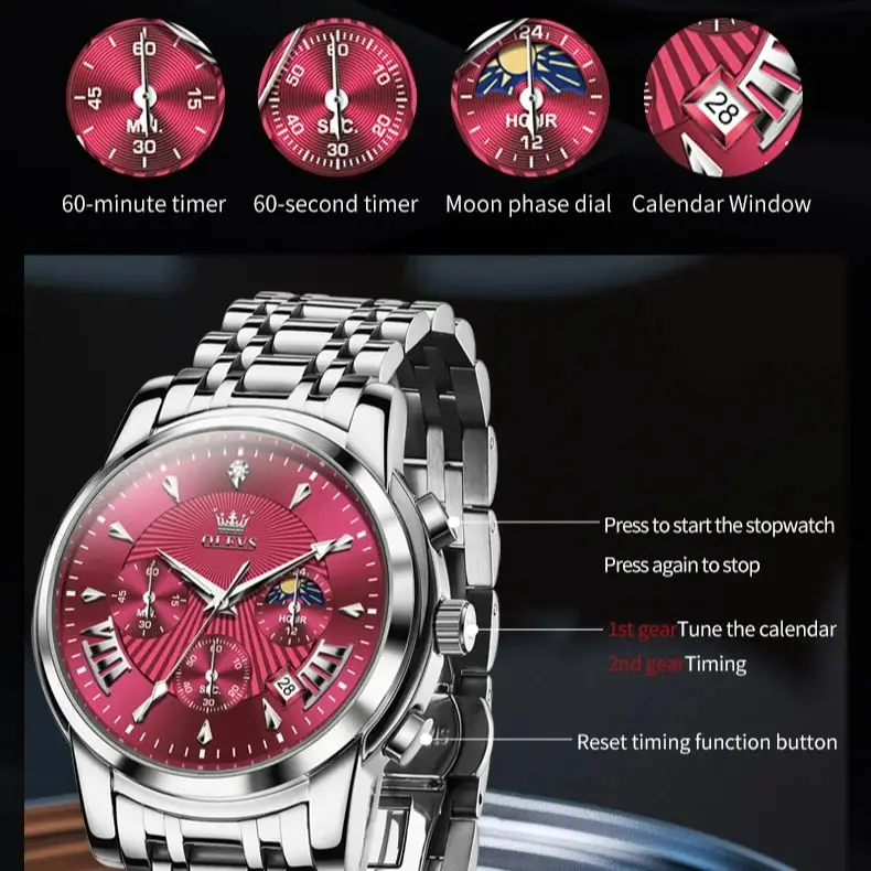 ساعة OLEVS 2892 للرجال ماركة فاخرة كوارتز ساعة كلاسيكية بتقويم مرحلة القمر كرونوغراف مقاومة للماء ساعة رجال الأعمال الأصلية #4