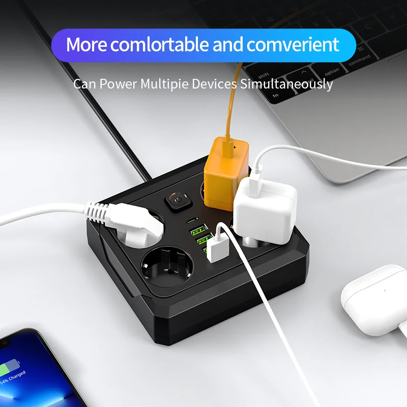 Power Strip 2026 New、Square Compact Design、Mini Square Power Strip、Small Desktop Size 9-in-1、4 Schuko AC、5 USB-A、1 Type-C、2.1A F