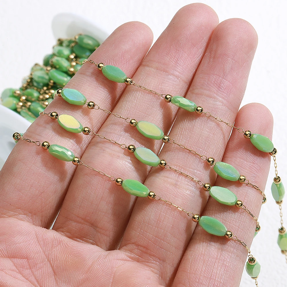 2meters 1meter Green Natural Stone Stainless Steel Green Crystal Beads Chains for Necklace Bracelet Jewelry Making DIY Wholesale