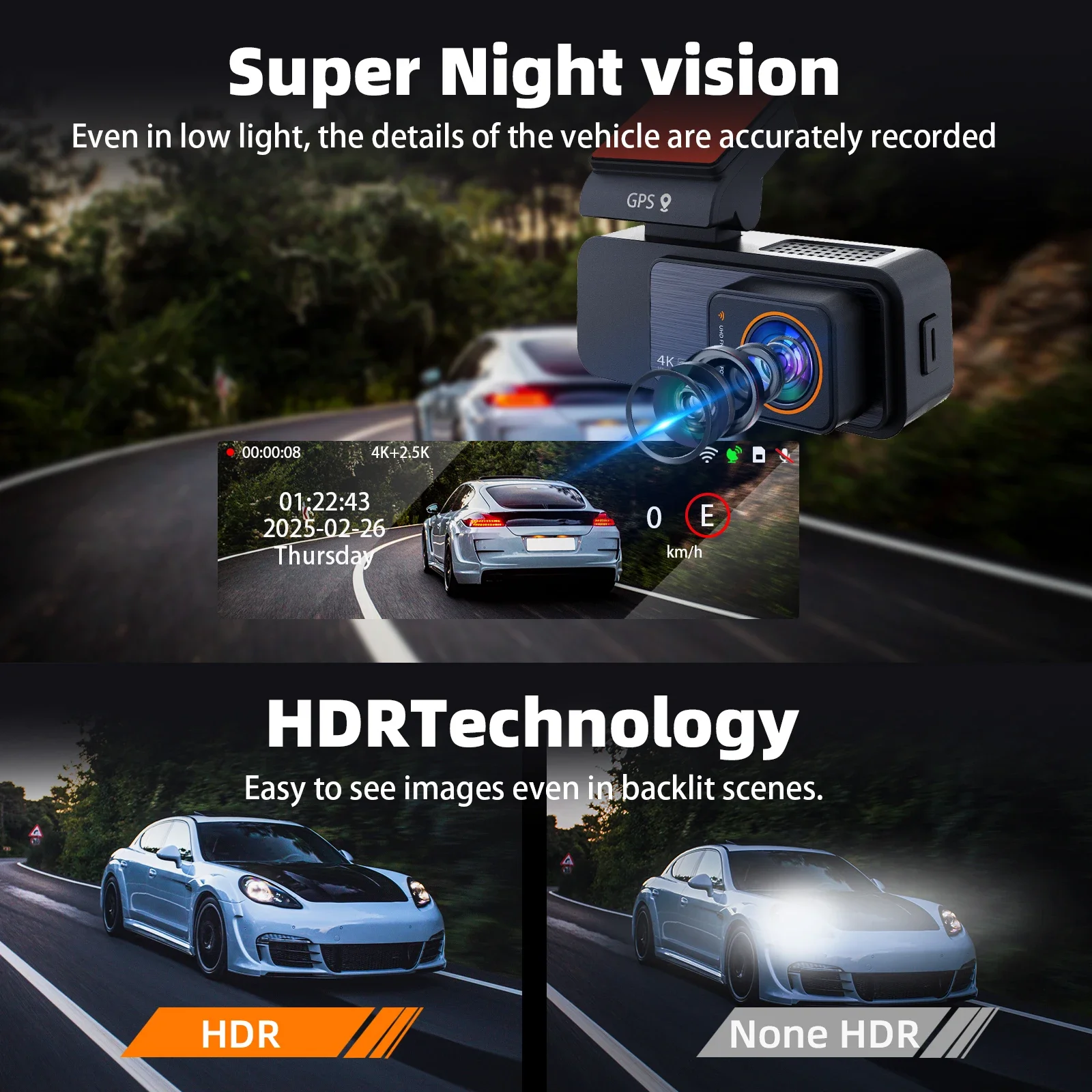 Aprilboy 3.2 นิ้ว 4K Dash Cam Dual เลนส์ UHD การบันทึกรถกล้อง DVR Night Vision Video Recorder WiFi ในตัว GPS ที่จอดรถ 24H