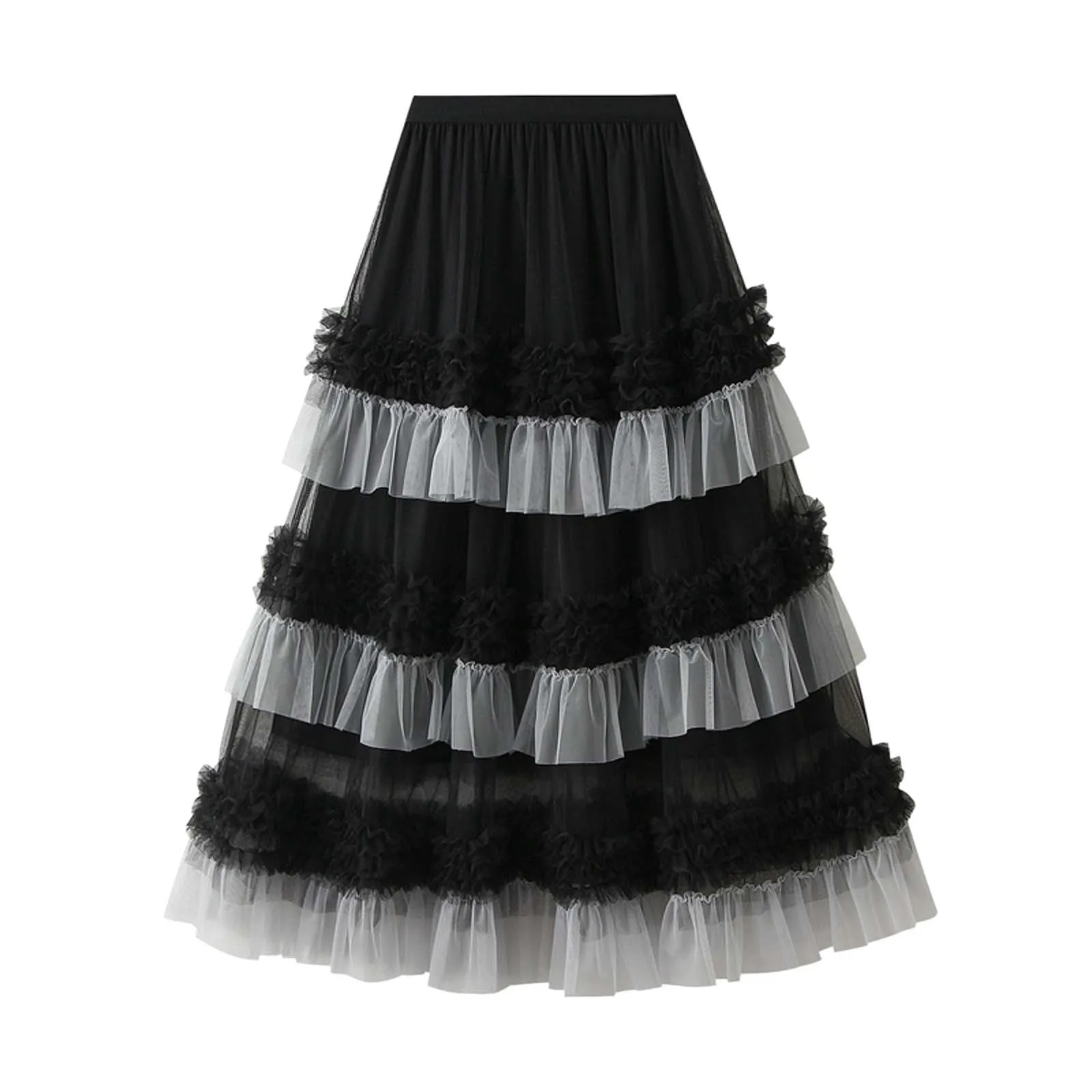 High-Waisted Slimming Elastic Waist Color Block Midi Skirt Puffy Pleated Design Long Dress Net Yoke Cake Skirt For Women