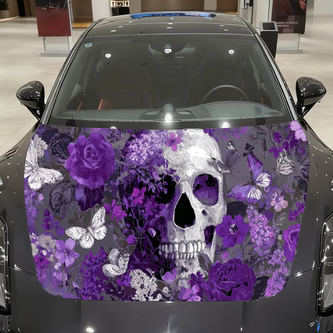 

Car Decal Skull with Purple Floral & Butterfly Motif in Artistic Whimsical Dark Fantasy Style - Edgy Gothic Aesthetic Car Hood S