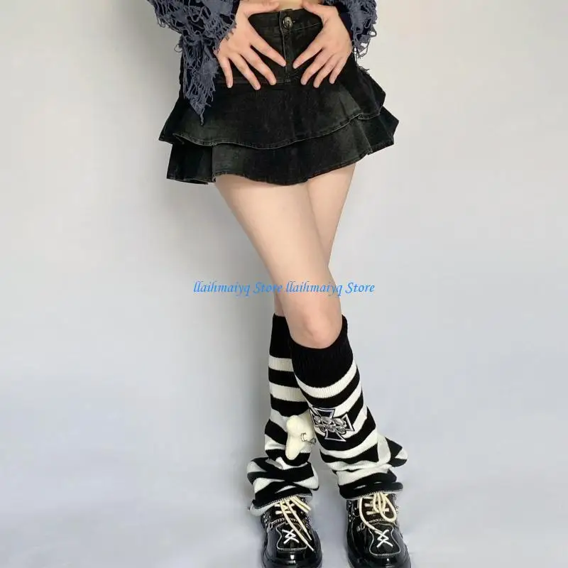 

573B Women's Striped Leg Warmers with Plush Dog Bone 80s Party Dance Long Legwarmers JK Hipster Knit Socks