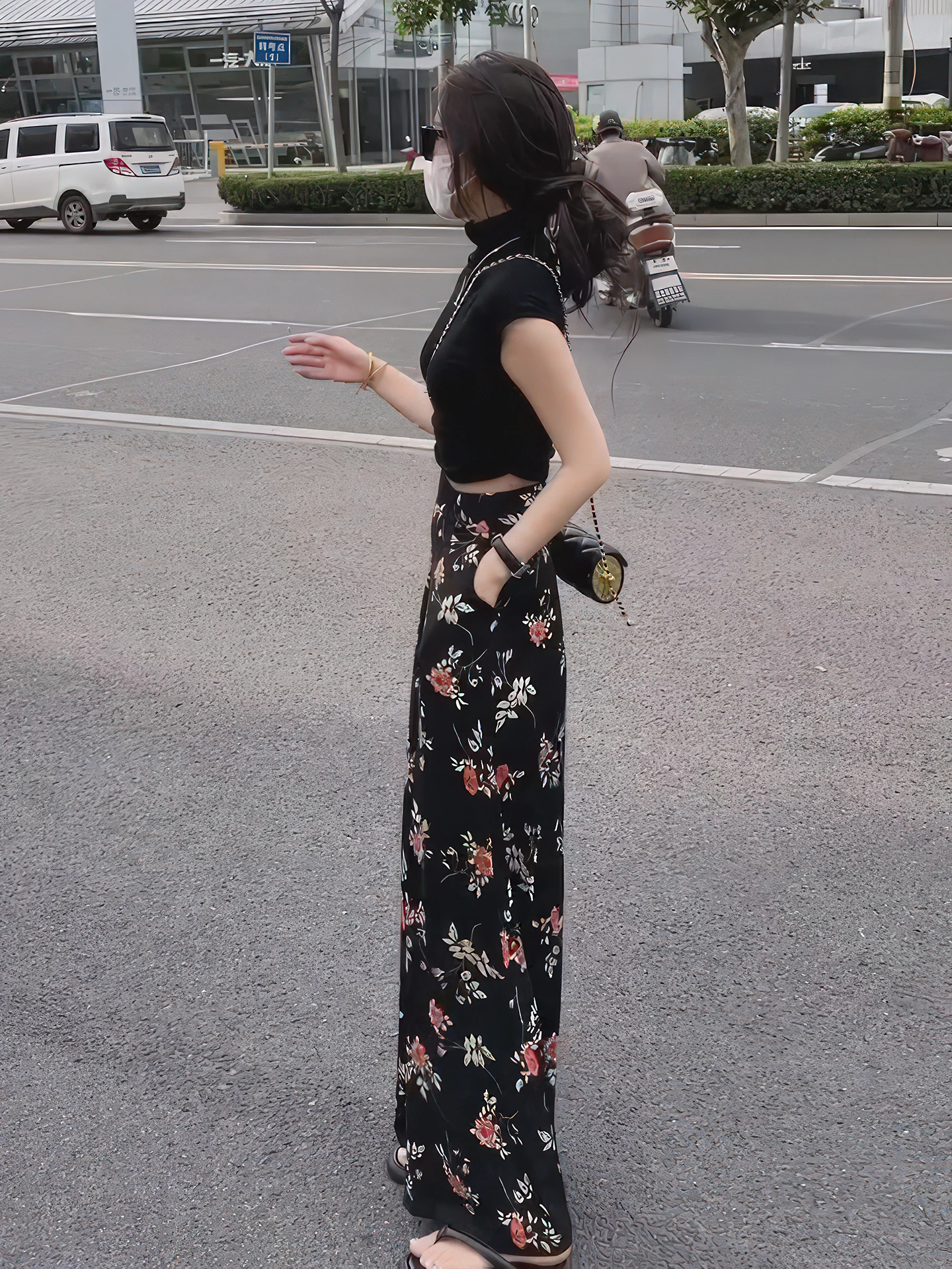 Calças Largas Florais Estilo Coreano para Mulheres Verão 2025 Novas ulares de Cintura Alta inando até o Chão