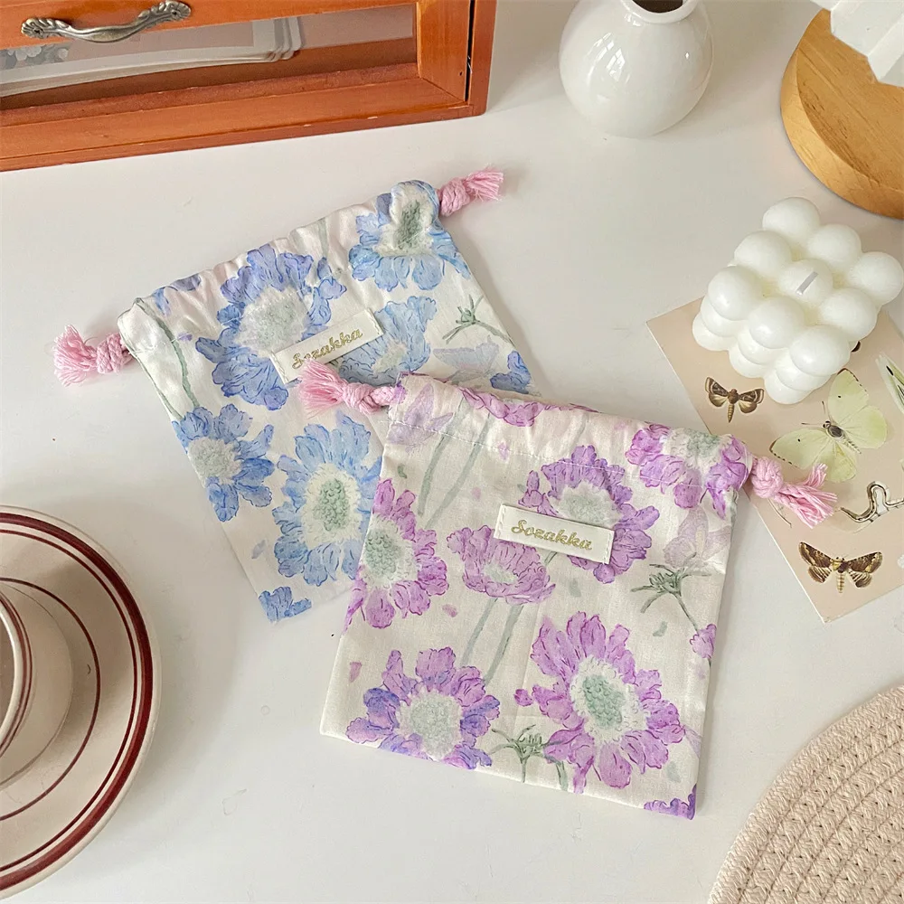 Cute Floral Small Thing Cosmetic Lipstick Portable Storage Bag Purse Key Earphone Jewelry Tote String Rope Pouch Drawstring Bags
