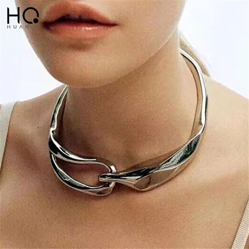 HUANQI Hip-Hop Thick Metal Exaggerated Necklace for Women Girls Trend INS Fashion Chunky Choker Irregular Jewelry 2024 New