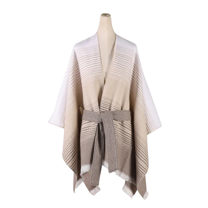 Split European and American Street Style Versatile Belted Striped Shawl Women's Outerwear Cape