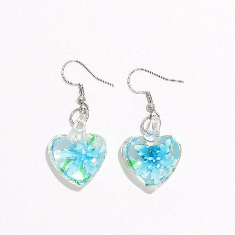 Qianbei Womens 2025 Handmade Noctilucent Heart Murano Lampwork Glass Mix Color Women Flower Glass Earrings Summer Vocation gift