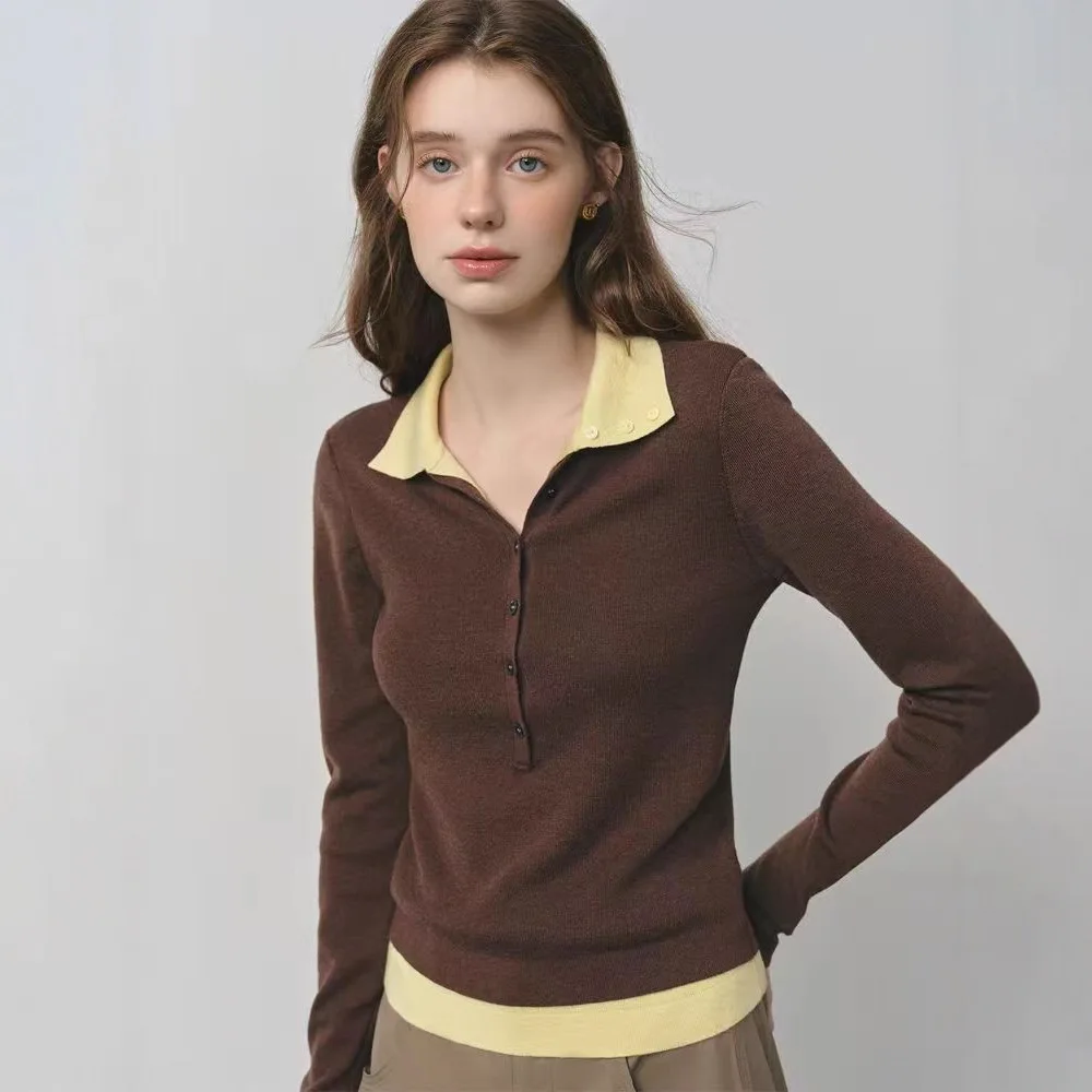 

Color Blocking Patchwork Knitted Sweater Fake Two-Piece Lapel Knitted Pullover Fashion Slim Fit Female Top New Women's Clothing