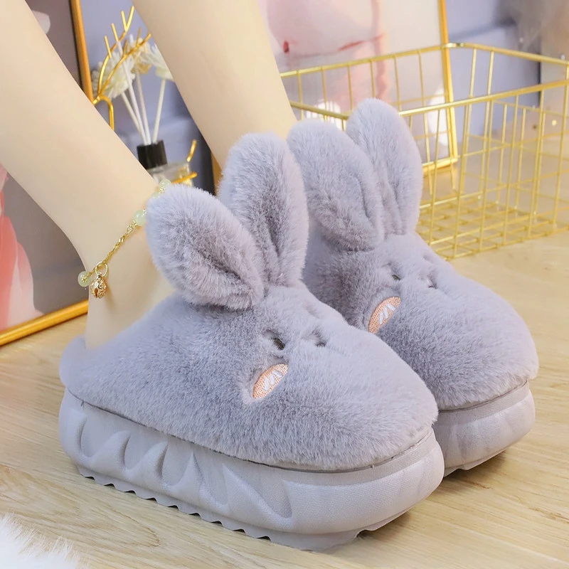 Zapatillas de liebre de conejo blanco para mujer, zapatos de casa con plataforma de animales bonitos, toboganes de felpa para dormitorio de niñas,