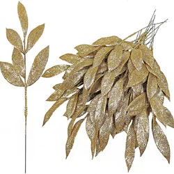 Christmas Tree Decoration Glitter Golden Artificial Leaves Spray Picks Fake Floral Leaf Branches Wired Stem DIY Wreath Supplies