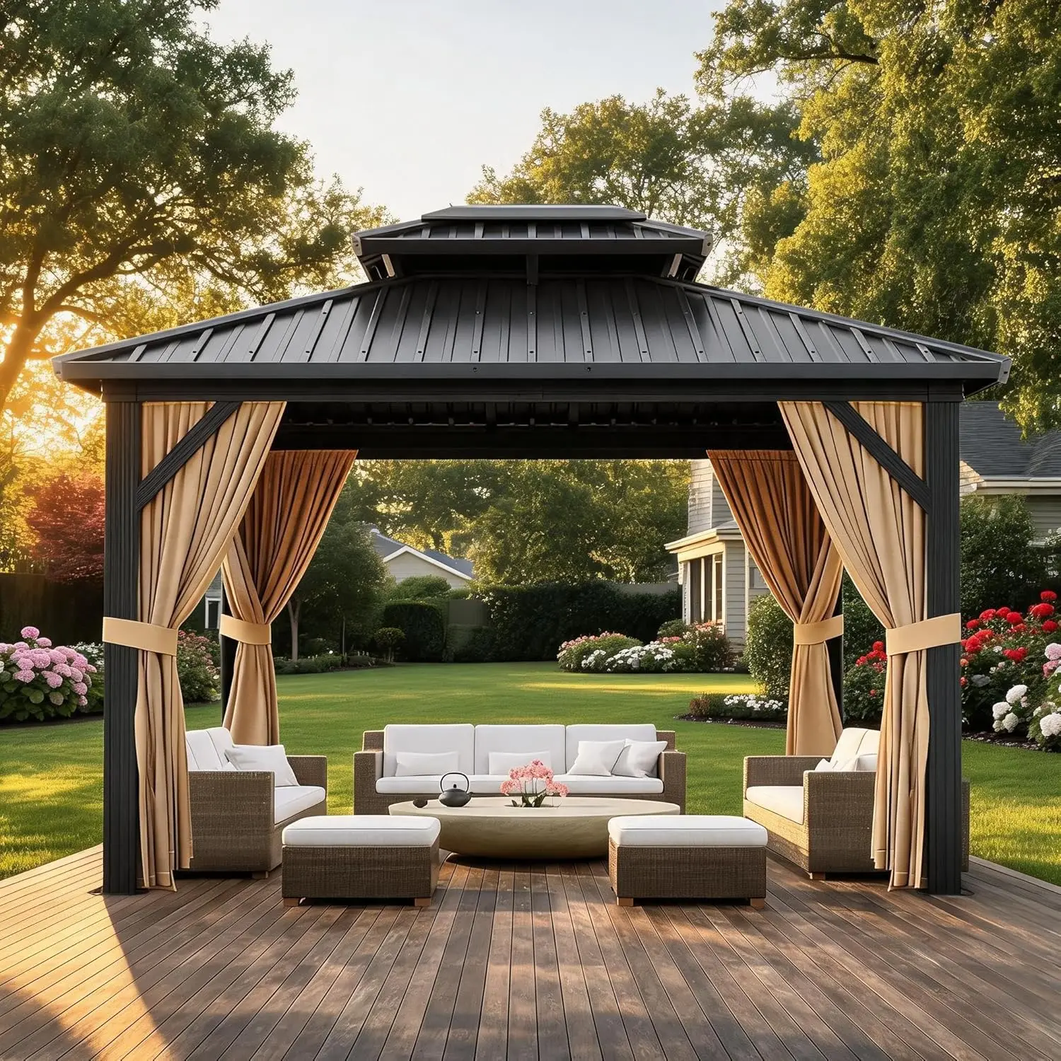 

10x12 FT Hardtop Gazebo with Double Galvanized Steel Roof, Heavy-Duty Aluminum & Iron Frame, Mosquito Netting and, Custom