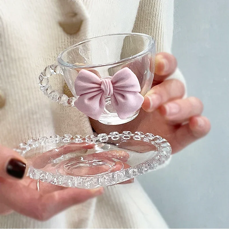 

Creative Transparent Love Coffee Cup Set Pink Bow Decoration Girl Glass Water Cup Dessert Plate Afternoon Tea Oat Breakfast Cup