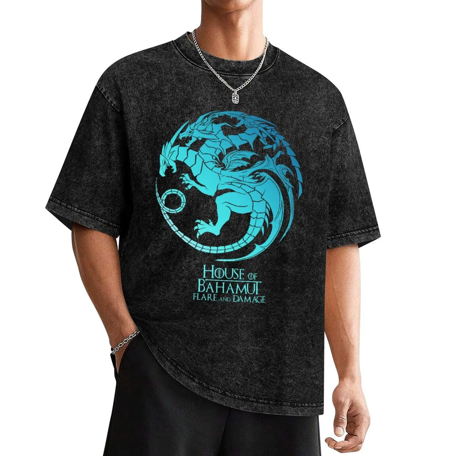 

House of Bahamut. Flare and Damage (grey turquoise). T-Shirt customs korean fashion mens graphic t-shirts