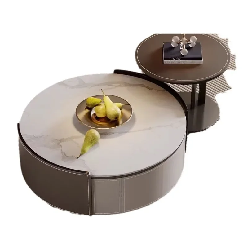

Italian light luxury saddle skin rock slab, round coffee table, TV cabinet, small apartment living room