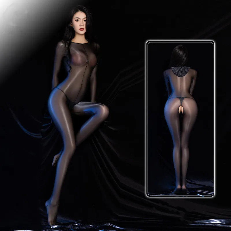 Sexy Women Shiny Crotchless Bodysuit Sheer Open Crotch Erotic Tights Oil Glossy Jumpsuit One-piece Body Stockings Leotard