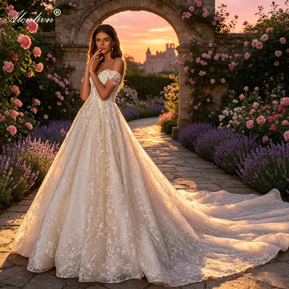 Alonlivn Custom Made Exquisite Lace Sweetheart A-line Bride Dresses Shiny Embroidery Off The Shoulder Besuty Wedding Gowns