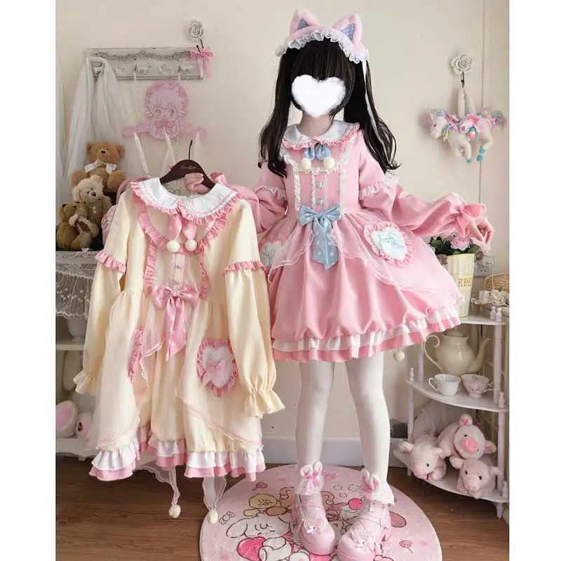 

Japanese Kawaii Sweet Lolita Bow Ruffles Cartoon Bunny OP Dress Women Long Sleeve Party Mini Dresses Girls Gothic Princess Dress
