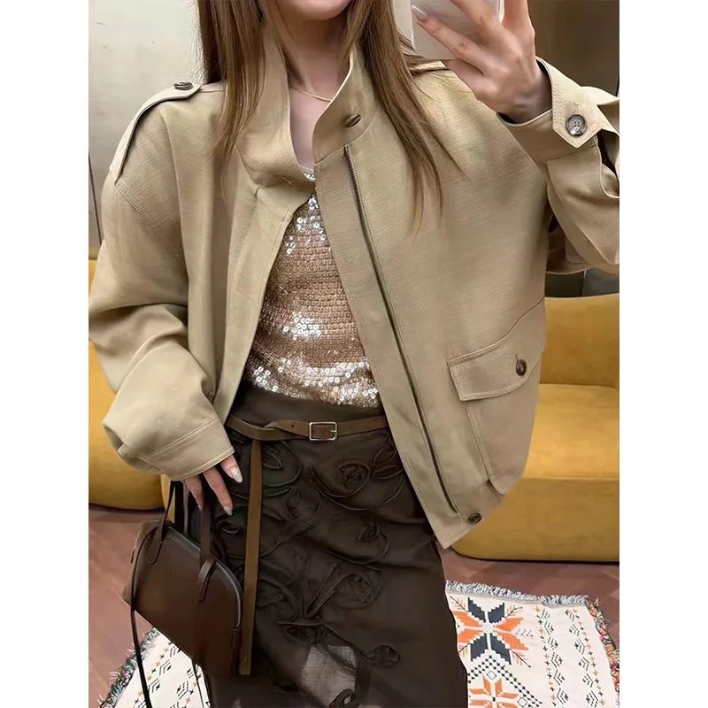 Autumn Long Sleeves and Small Stand Collar Short Cotton Jacket for Women