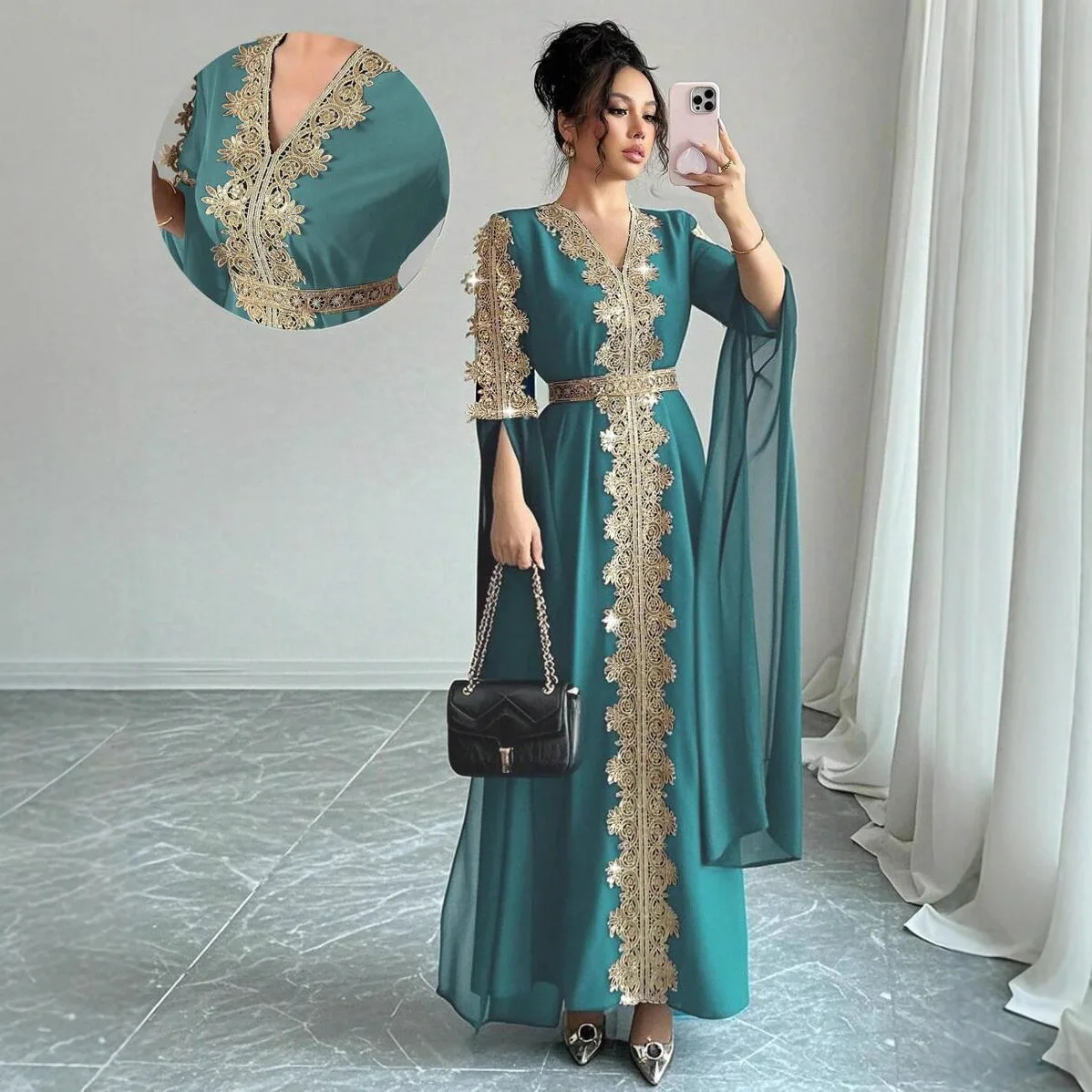 

2026 Vacation Elegant Temperament Embroidered V-Neck Super Long Sleeve Dress