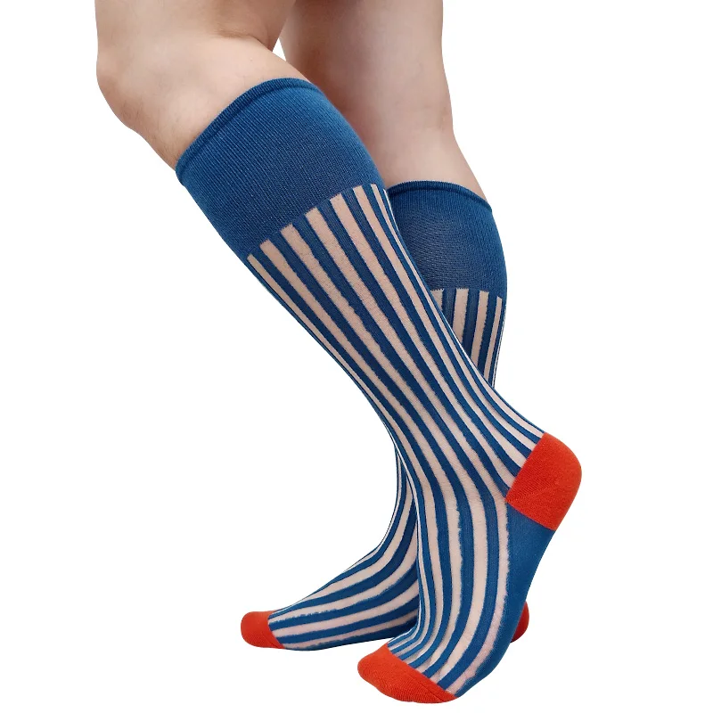 See Through Striped Mens Formal Socks Over the Calf Dress Suit Male Sexy Stocking Lingerie Business Long Tube Hose Softy Funny