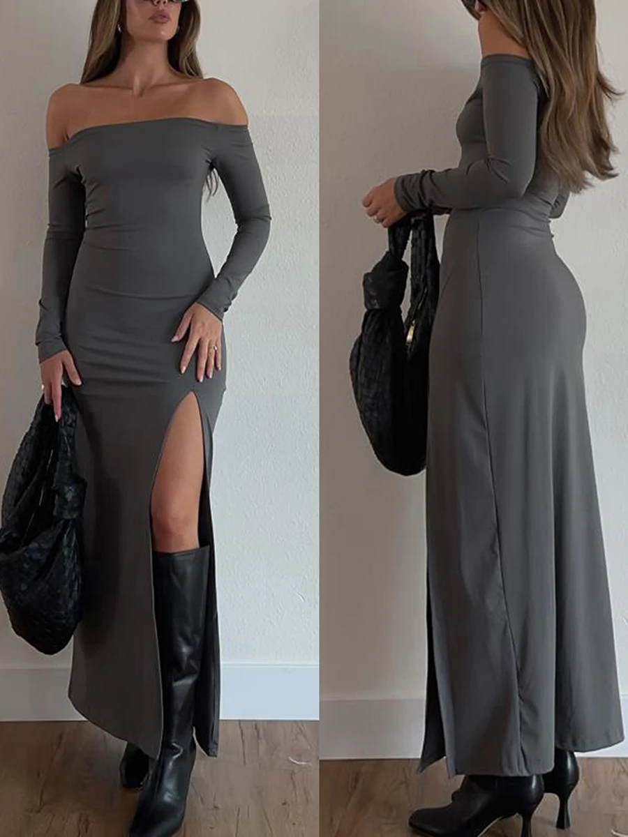 Robe longue dos nu à manches longues pour femmes, robe à fente haute, monochromatique, document, mince, mode, été, streetwear