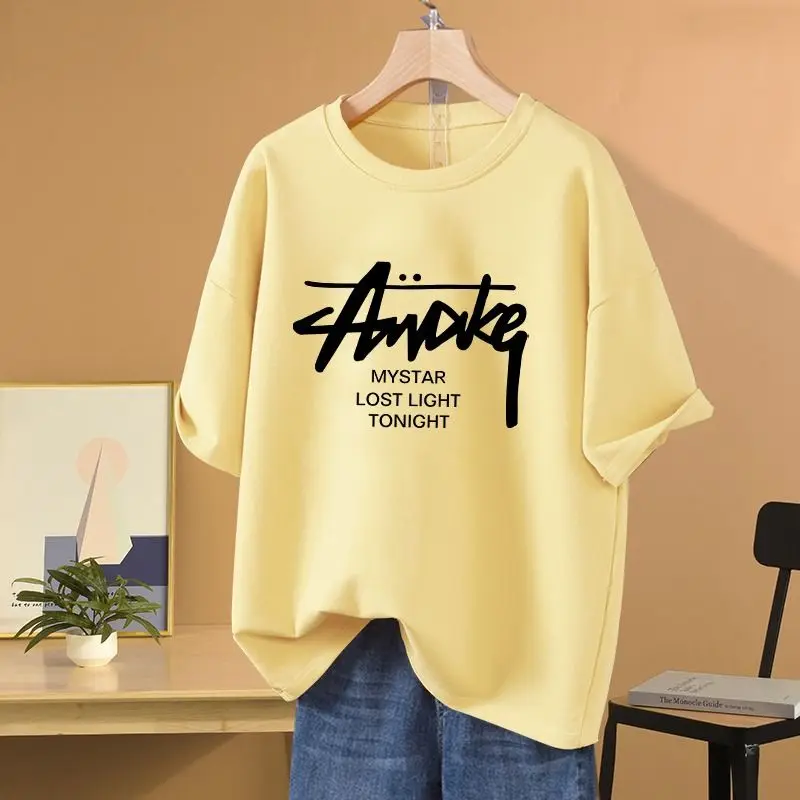 

Women's Letter Printed Top Tees, Short Sleeve, Pure Cotton, O-neck, Loose Casual Basics Pullover, Summer