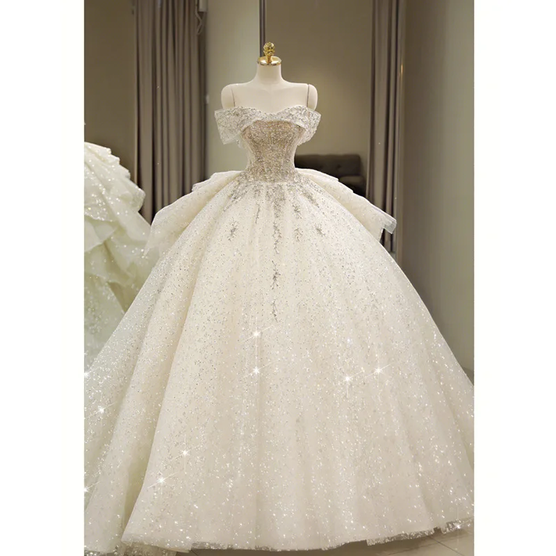 

Exquisite White Wedding Dresses Boat Neck Sleeveless Shinny Lace Beading Appliques Pleated Princess Sequins Bride Gowns New