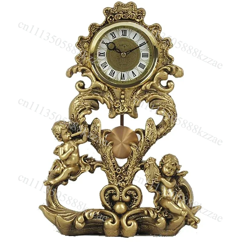 European Luxury Table Clock Antique Bronze Angel Desk Clocks Roman Column Pendulum Clock Study Attracting Wealth Retro Decor