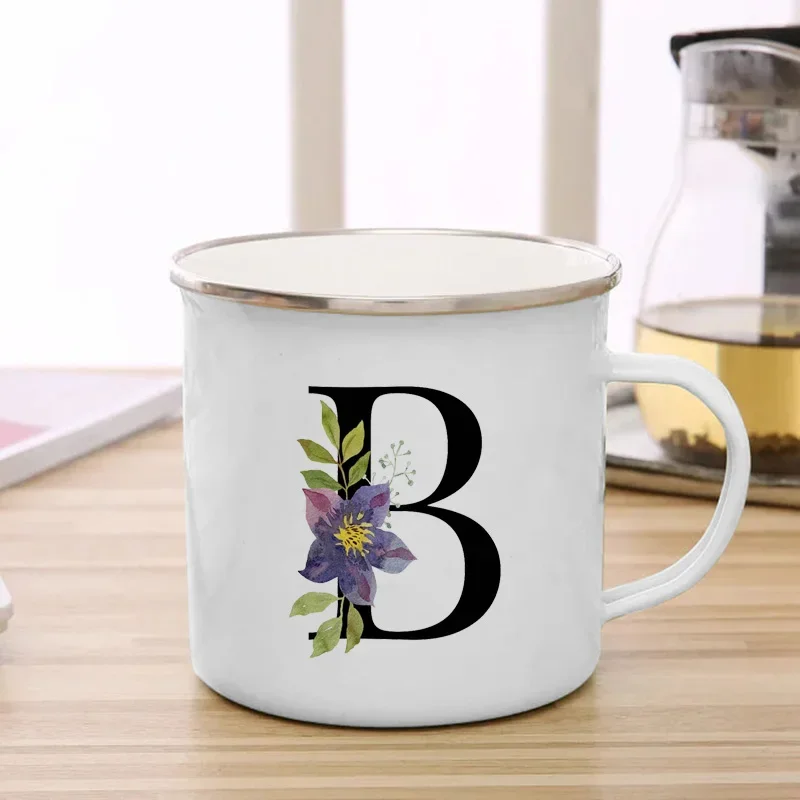 Black Letter Flowers Print Enamel Mug Coffee Cup Drinks Water Milk Cups Party School Homes Hotel Handle Mugs Holiday Gifts