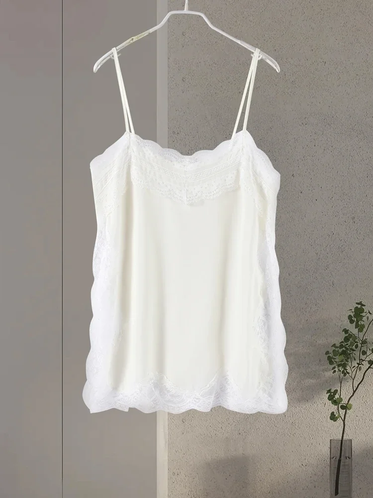 

Sexy Lace Sling Tops Women Loose Sleeveless Side Split V Neck Backless Satin Female 2025 New Summer Fashion Chic Straight Top