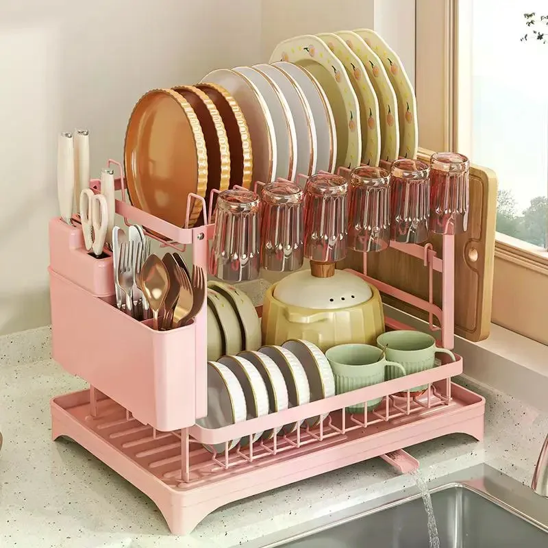 2-Tier Dish Drying Rack, Dish Racks For Kitchen Counter, Dish Rack With Drainboard & Mat, Dish Drainer With Knife, Fork & Cup Rack, Gifts For Women, Cool Stuff & Kitchen Accessories, Rust-Proof & Easy To Assemble, Christmas Gifts