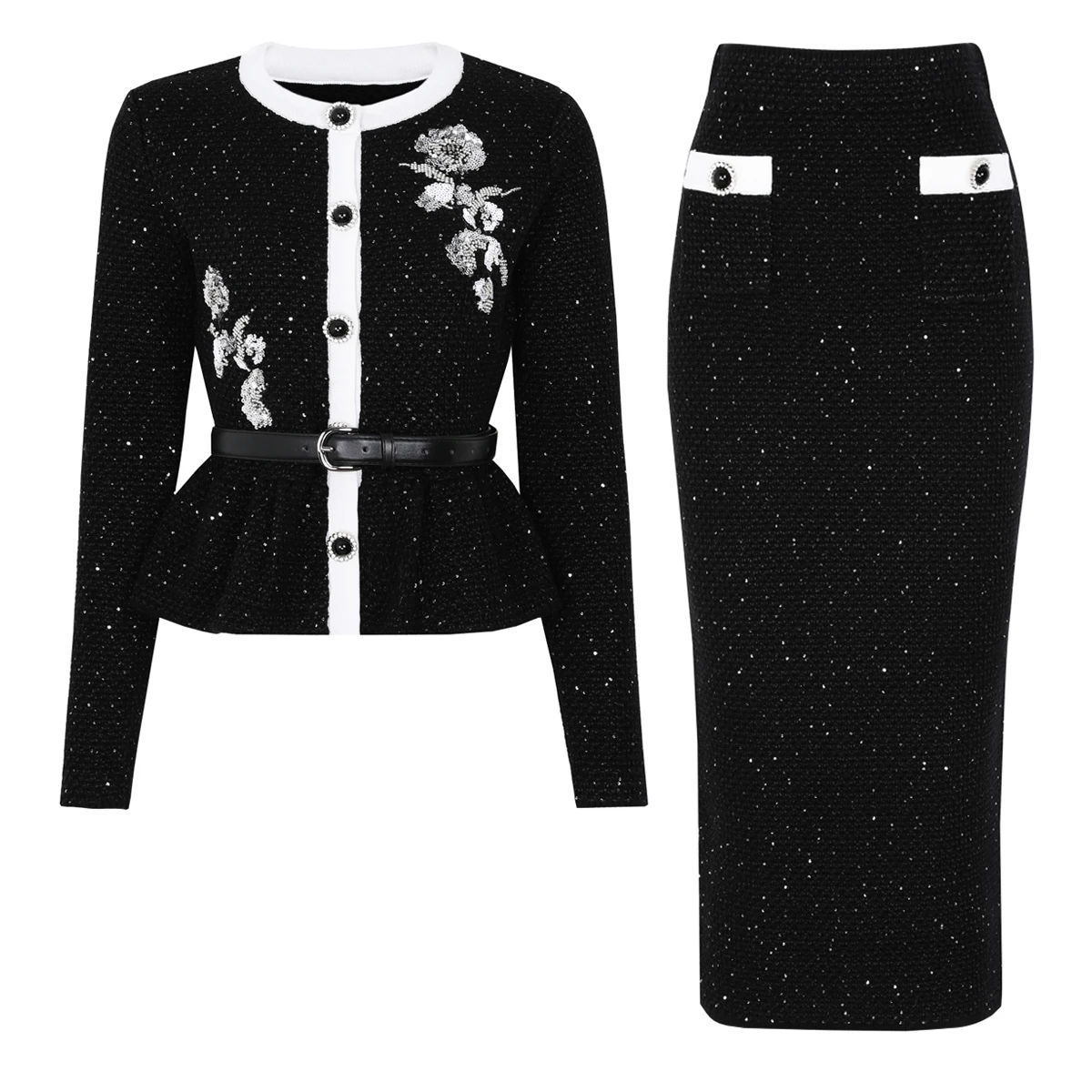 25293 Hochwertiges, neues, modisches, elastisches, gestricktes, besticktes, langärmliges Bund-Cardigan + Slim-Fit-Rock-Damen-Set