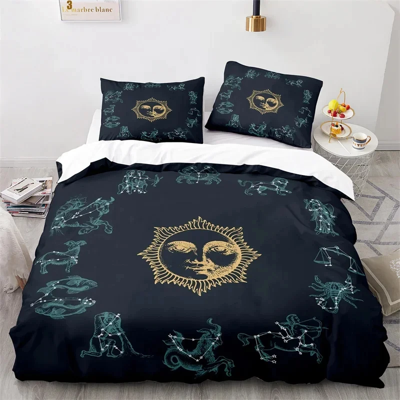 Sun and Moon Duvet Cover King Microfiber Astrology Bedding Set Twelve Constellations Zodiac Comforter Cover For Kids Boys Girls