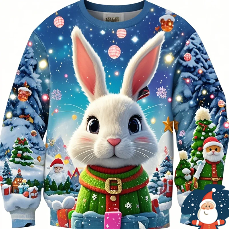 2024 ใหม่ผู้ชายXmasแขนยาวน่าเกลียดเสื้อแฟชั่นการ์ตูนกระต่ายพิมพ์ทุกวันO-คอPulloverหลวมชายเสื้อ