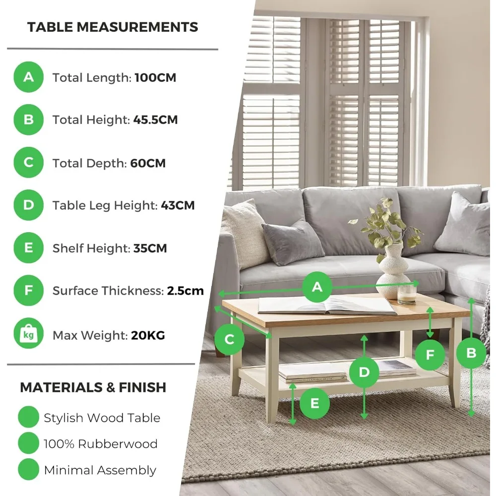 無垢材コーヒーテーブル 木製コーヒーテーブル - ペールオーク染め天板 クリーム色の脚 - 明るいモダンなスタイル