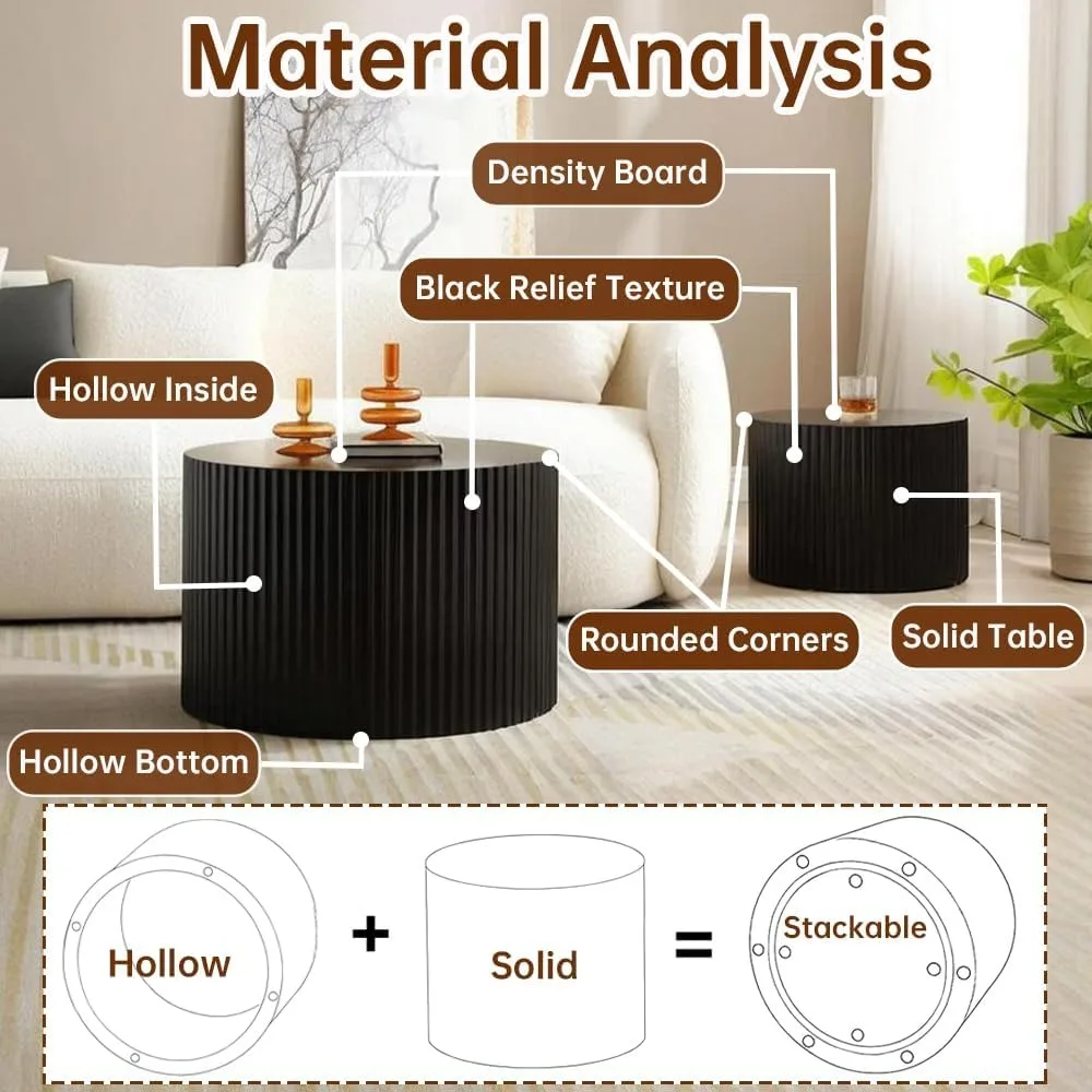 مجموعة طاولة القهوة المستديرة المتداخلة مكونة من 2 طاولة قهوة حديثة مخددة باللون الأسود وطاولة قهوة دائرية صغيرة وطاولة جانبية دائرية