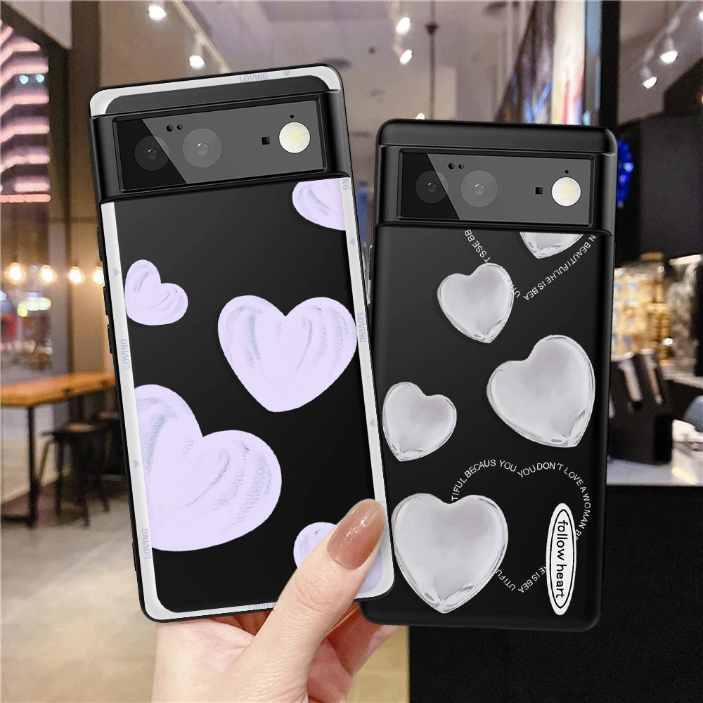 Black Phone Case For Google Pixel 7a 7 Pro Cartoon Heart Shape Cases For Pixel 6 6Pro 6a 5 5a 4XL 4 3XL 3a XL 4a Soft TPU Cover