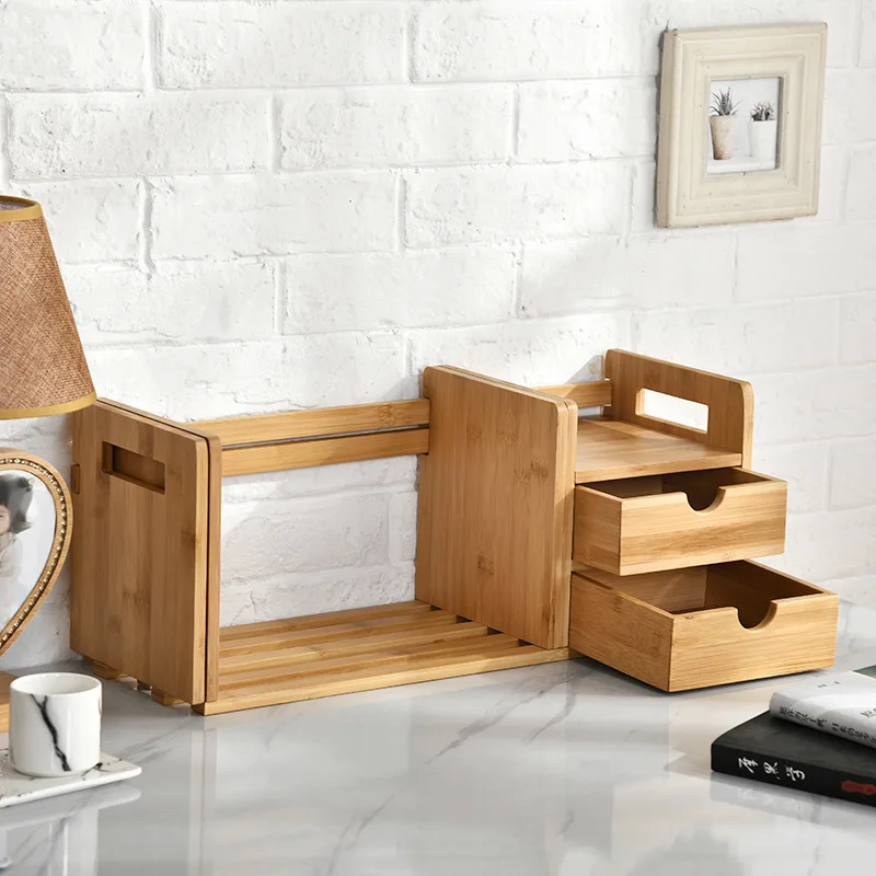 Bamboo Telescopic Book Shelf with Drawer, Desktop Bookcase, Table Book Rack, Bookshelves, Bookcase Organizer,Furniture