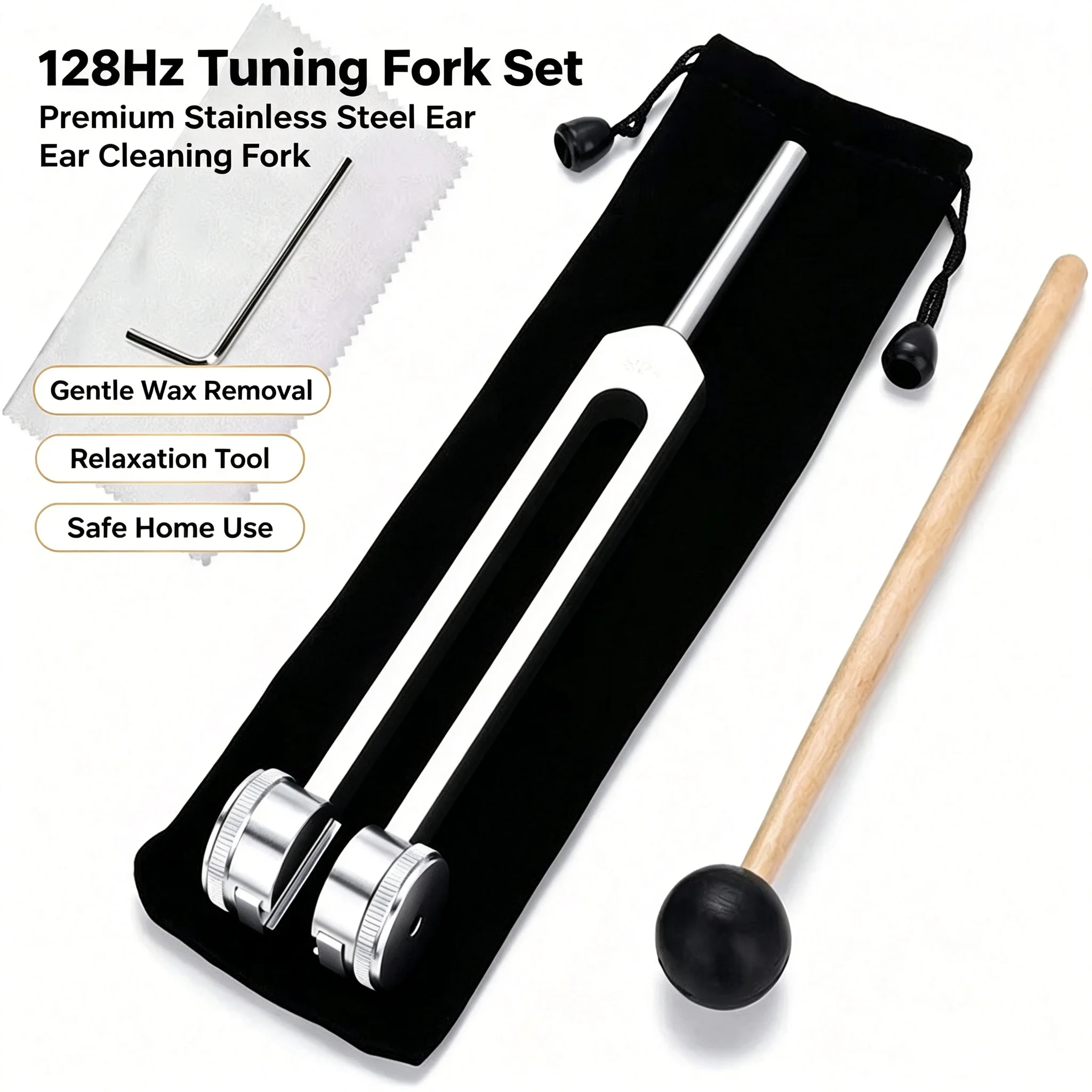 128Hz Tuning Fork Set Premium Stainless Steel Ear Cleaning Fork - Gentle Wax Removal & Relaxation Tool for Safe Home Use