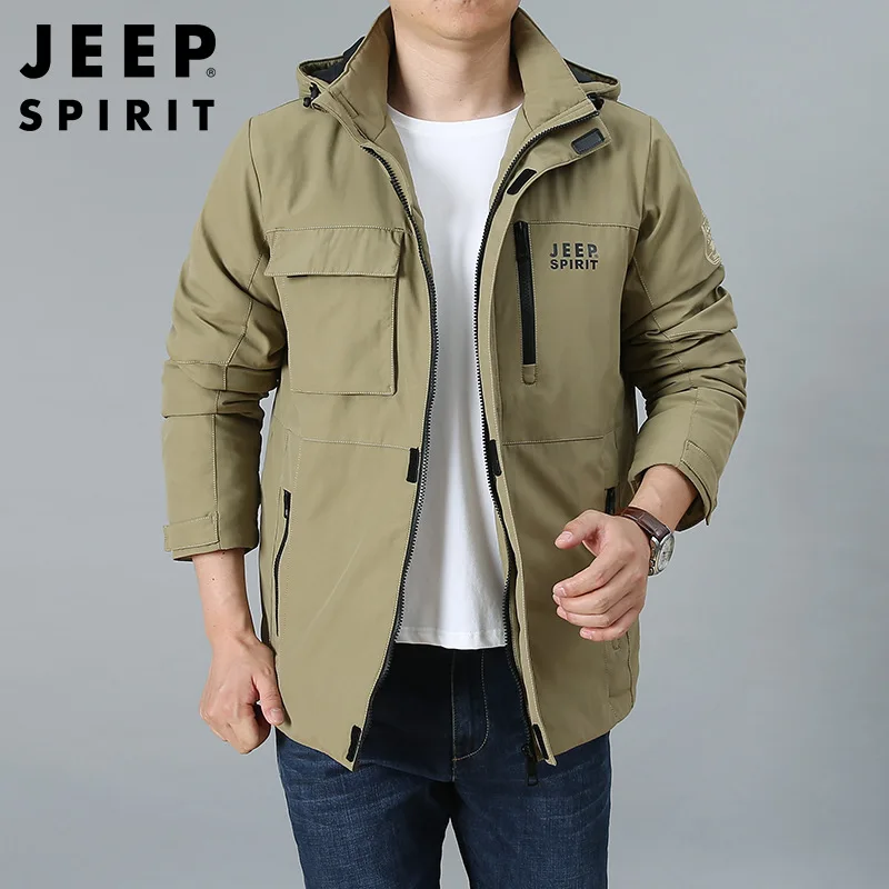 JEEP SPIRIT autumn winter jacket men loose plus velvet thick outdoor leisure sports cold-proof warm Detachable hat clothes coat