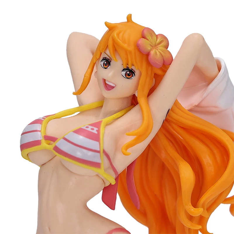 Gran oferta de figuras de Nami de una pieza, Chica de Anime en vacaciones en la playa, Nami, colección roja y verde, juguete de estatuilla, muñeca ornamental de pie de PVC
