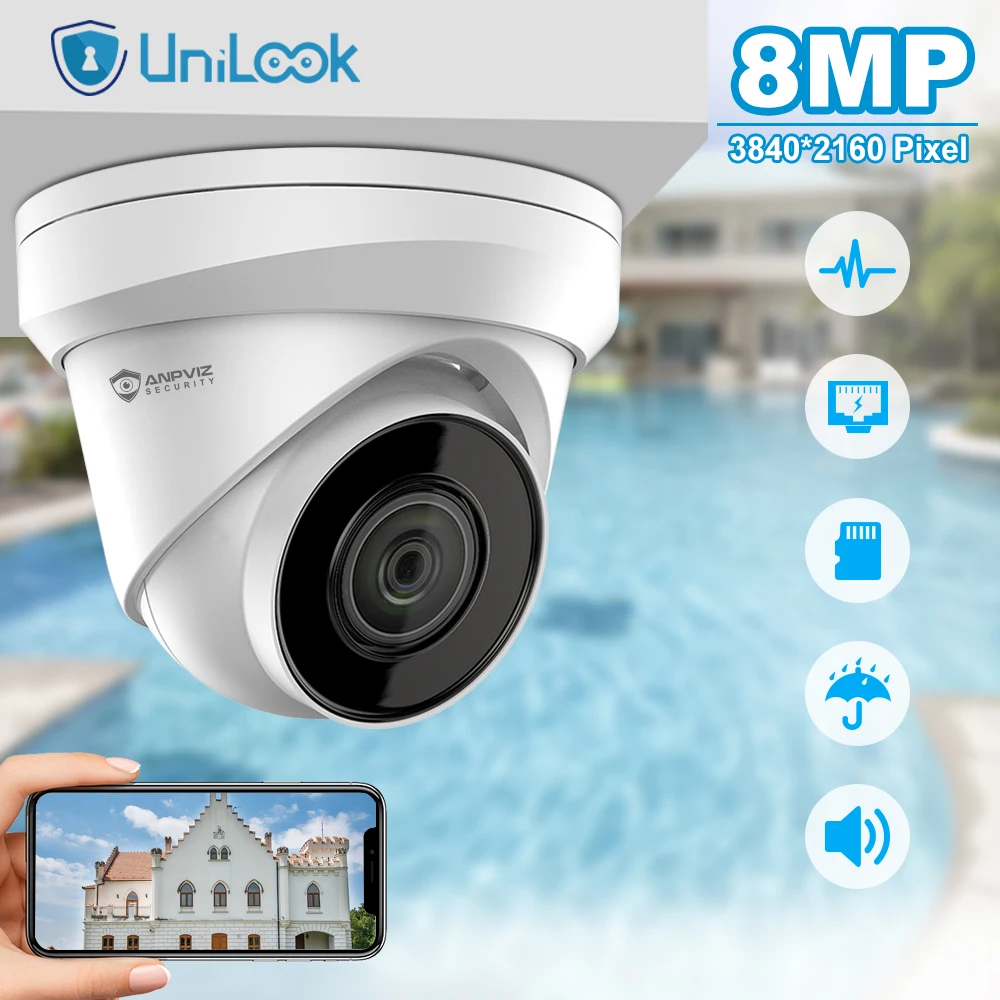 UniLook 4K 8MP Turret POE IP Outdoor Camera with SD Card Slot Built-in Microphone IP67 Waterproof Security CCTV Camera H.265 P2P