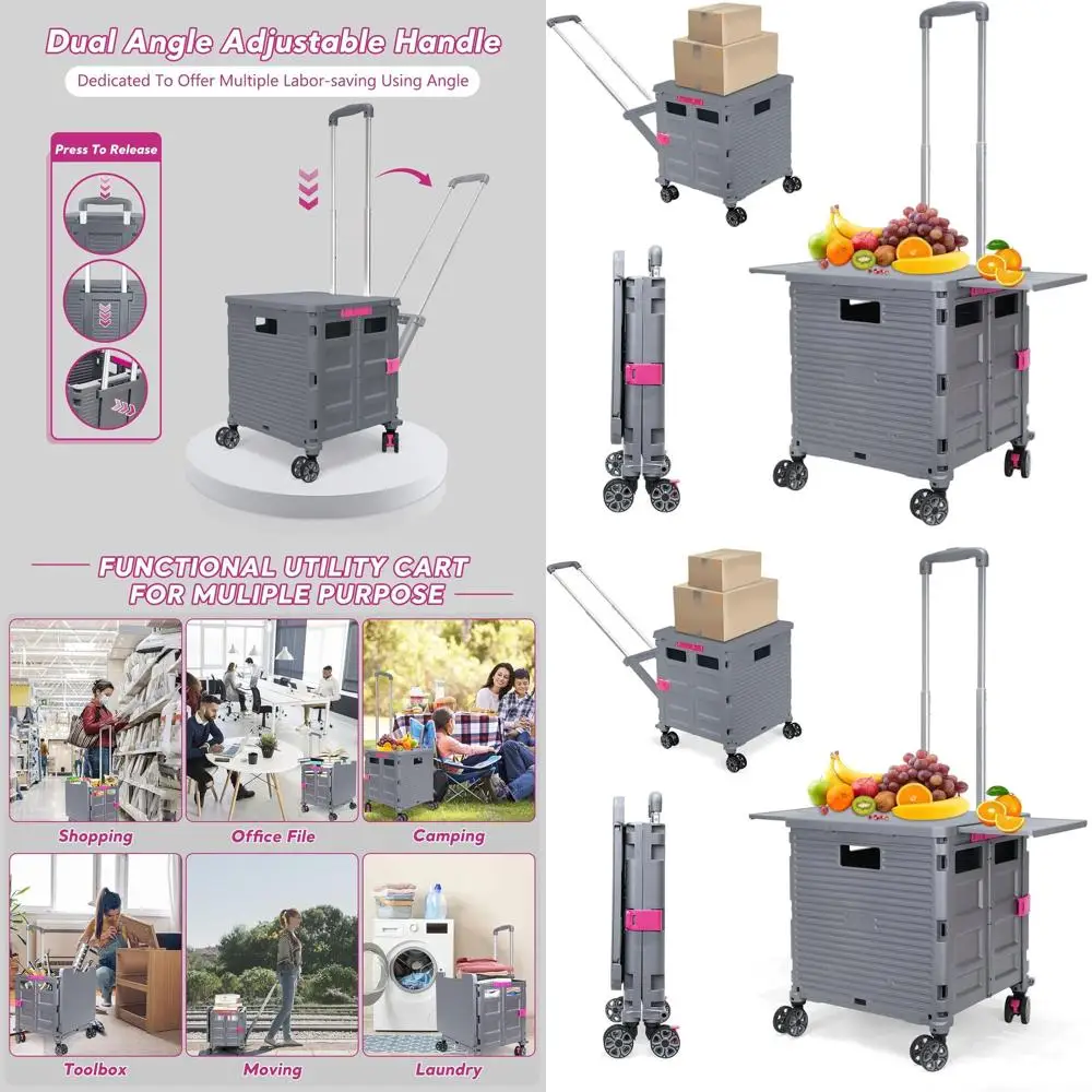 

Collapsible Rolling Cart with Swivel Wheels, Extendable Handle, Adjustable Angle, Magnetic Lid for Grocery Shopping and Office S