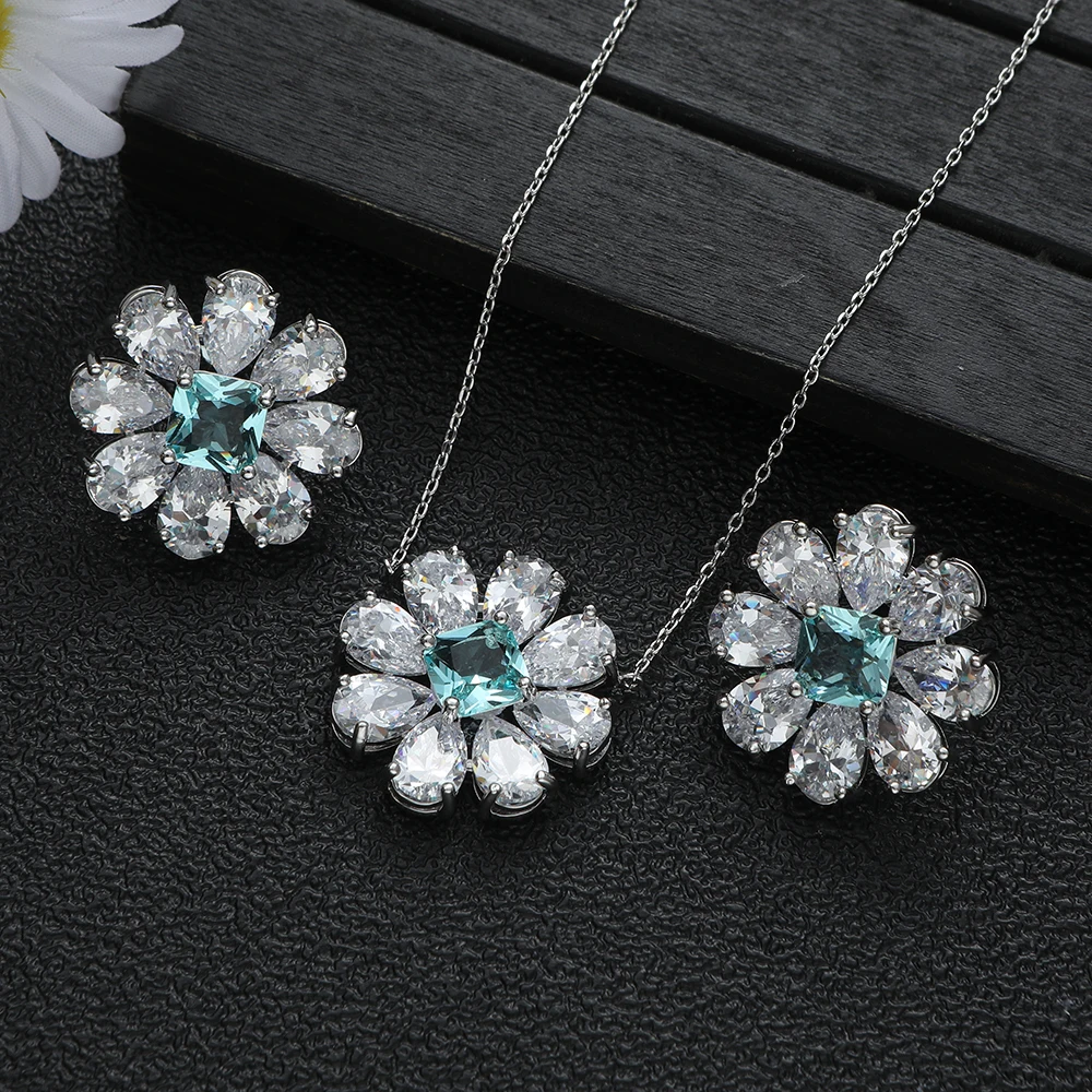 Luxury Sunflower Jewelry Set for Women Cubic Zircon Wedding Party Necklace Stud Earring Combo Dubai Bridal Accessory S476